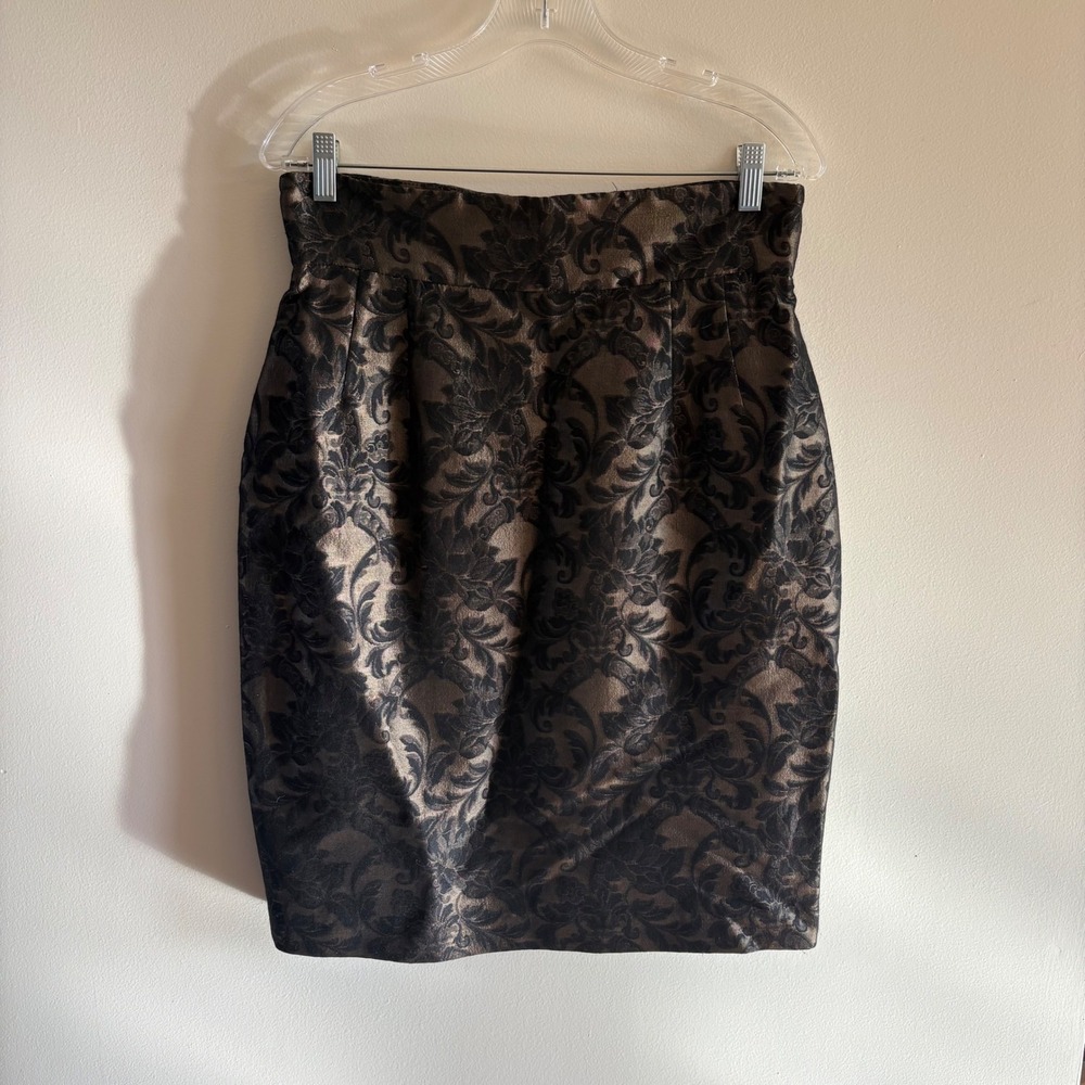 Sunny Choi Metallic‎ Bronze Black Damask Wool Blend Pencil Skirt Womens Size 12